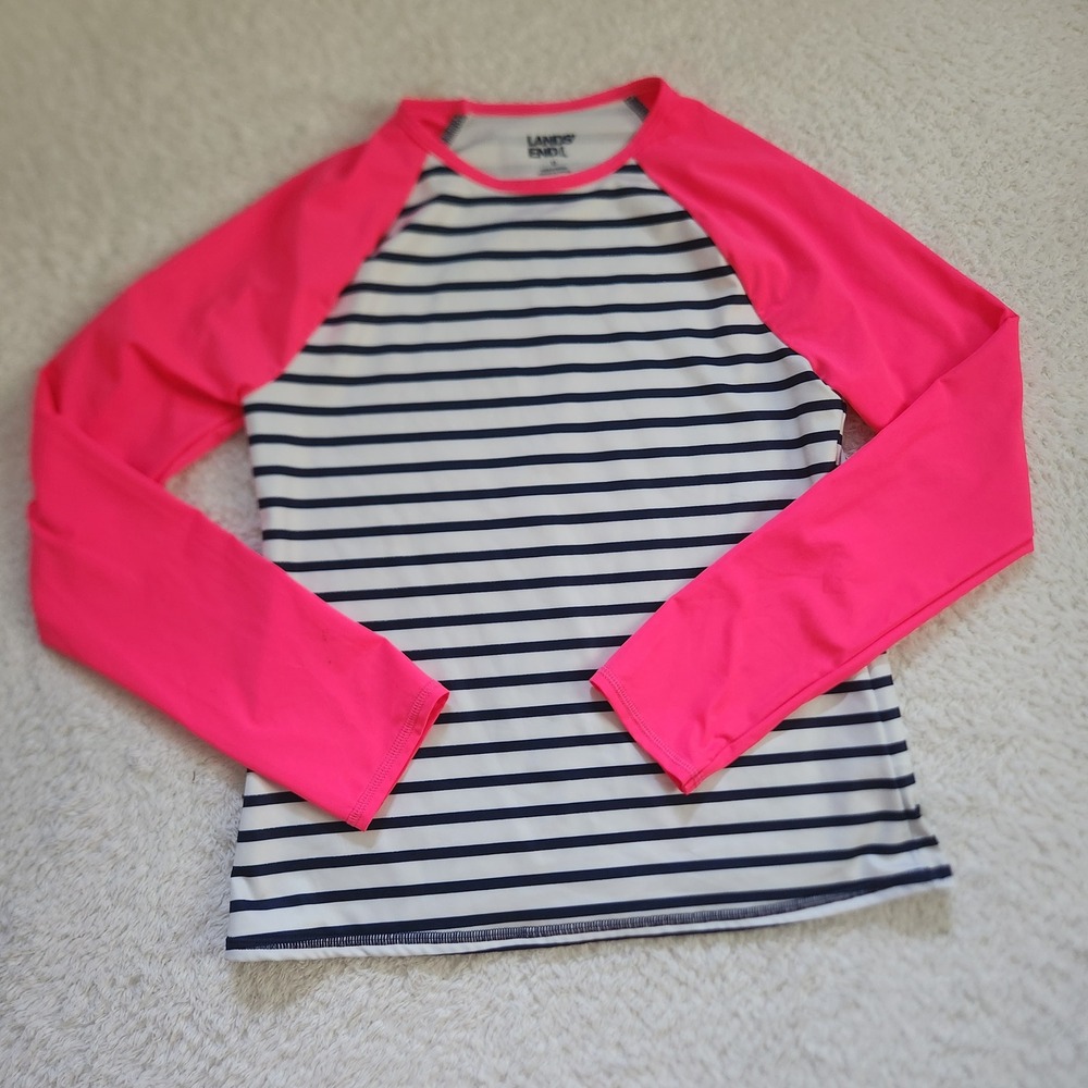 Lands End Girls 12 Rash Guard Long Sleeve Swim Shirt Navy White Pink Striped